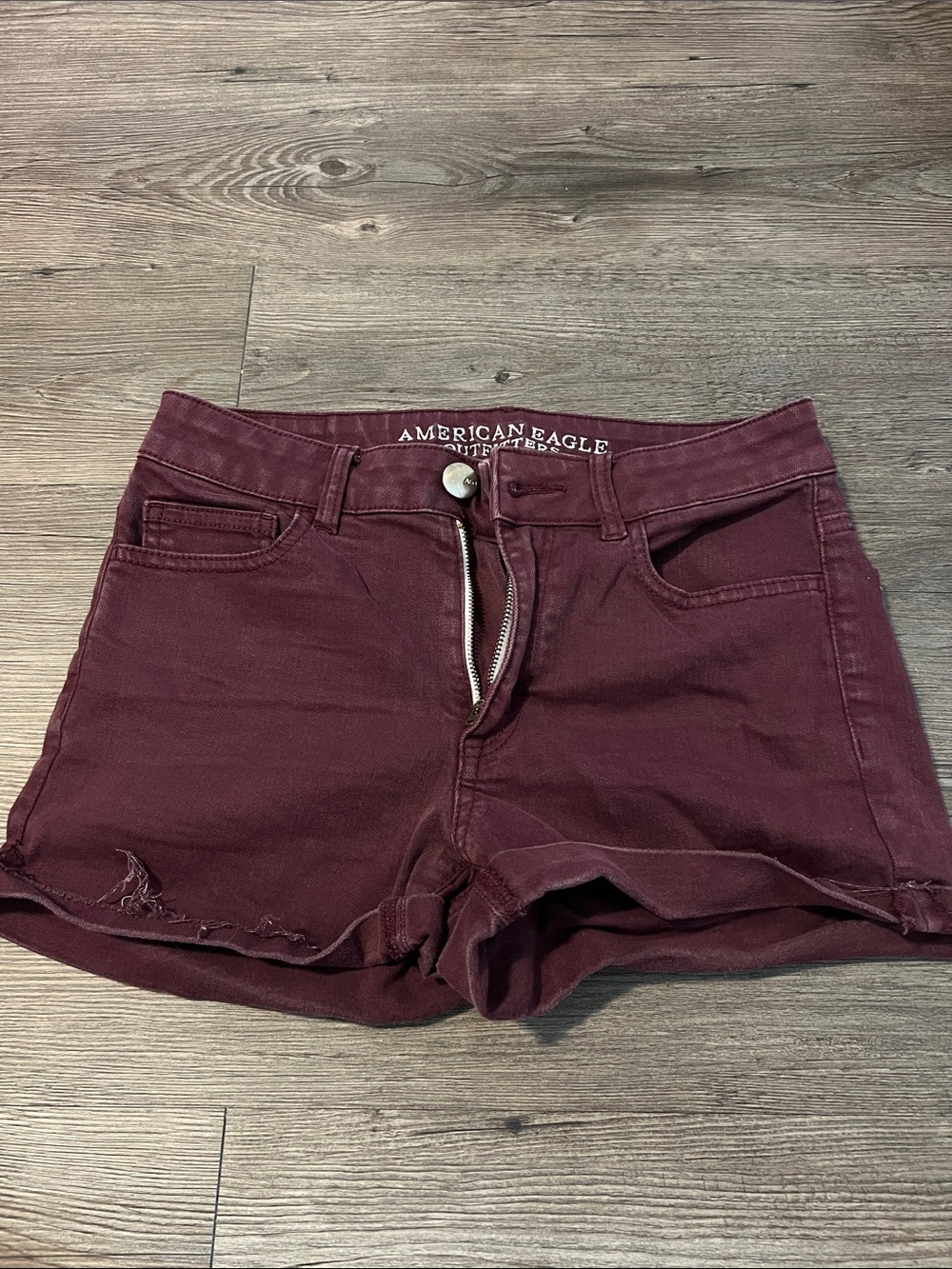 American Eagle Hi-Rise Shortie Distressed Jean Shorts in Burgundy Size 4